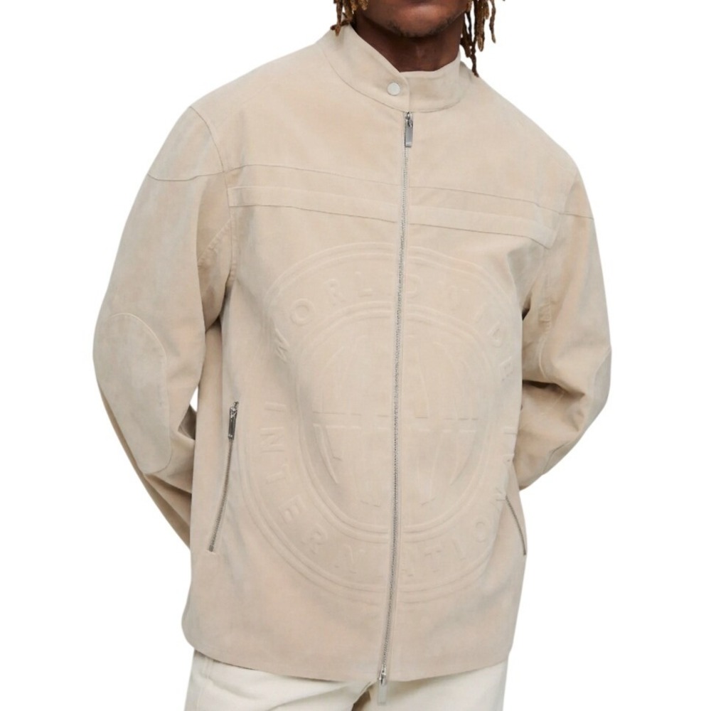 boohooMAN Men's Beige Faux Suede Racer Biker Jacket Embossed Logo Size‎ 2XL NWT